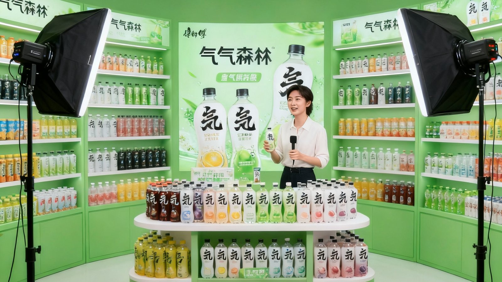 BG视讯为元气森林搭建的品牌直播间全景图，清新绿色调场景设计，产品陈列架整齐摆放各类饮品，主播正在介绍新品，多角度柔光营造自然氛围