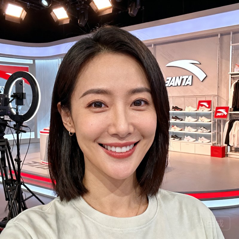 安踏品牌直播负责人陈女士头像照片，微笑着面对镜头，背景为安踏品牌直播间场景